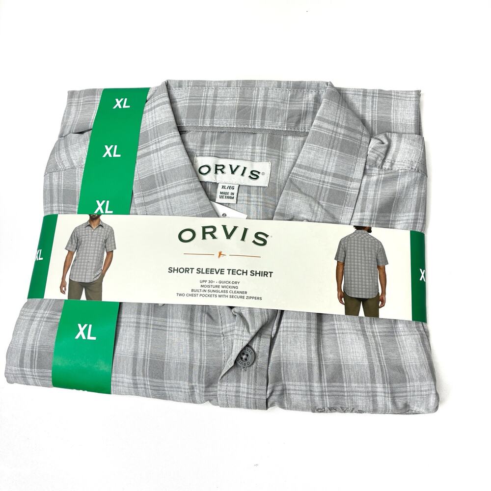 Orvis Gray Plaid Short Sleeve Tech Shirt UPF 30+ Quick-Dry NWT Mens XL